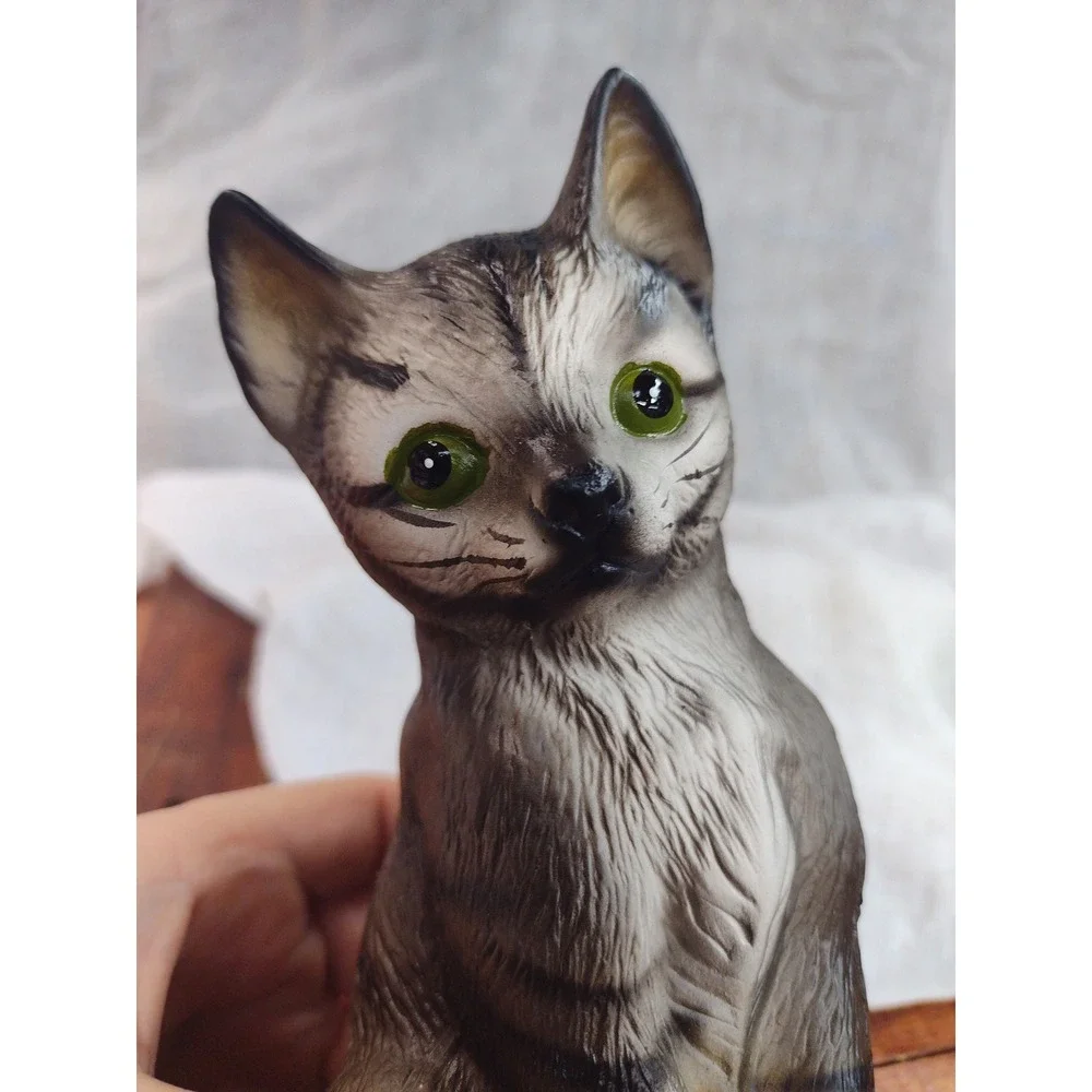 Vintage Ceramic Grey Tabby Cat and Kitten Figurine Set‎ Hand Painted Green Eyes